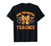 One Thankful Teacher Fall Leopard Pumpkin Bow Pencil Graphic T-Shirt