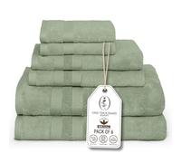 One Thousand Reasons Zero Twist Bathroom Towel Set - Luxury Bath Towel Sets for Bathroom, Hands, and Washcloths - Quick Dry and Absorbent - 6 Pieces, 3 Stripe, Sage