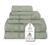 One Thousand Reasons Zero Twist Bathroom Towel Set - Luxury Bath Towel Sets for Bathroom, Hands, and Washcloths - Quick Dry and Absorbent - 6 Pieces, 3 Stripe, Sage
