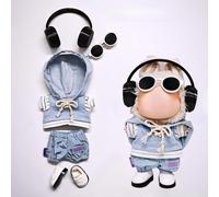 One, Two and Three Generations of Labu Clothes, Fish Bone Set, six-Piece Set, 17cm (denim hoodie + pants + shoes + sunglasses + earphones)