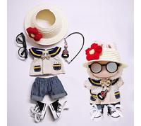 One, Two and Three Generations of Labu Clothes, Fish Bone Set, six-Piece Set, 17cm (flower straw hat + skirt + pants + guitar + glasses + canvas shoes)