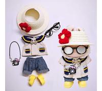 One, Two and Three Generations of Labu Clothes, Fish Bone Set, six-Piece Set, 17cm (flower straw hat + skirt + pants + camera + glasses + yellow shoes)