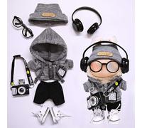 One, Two and Three Generations of Labu Clothes, Fish Bone Set, six-Piece Set, 17cm (grey sweater + hat + pants + shoes + earphones + camera + glasses)