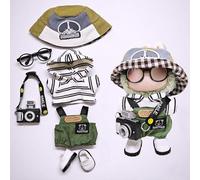 One, Two and Three Generations of Labu Clothes, Fish Bone Set, six-Piece Set, 17cm (Hat overalls camera shoes black glasses)