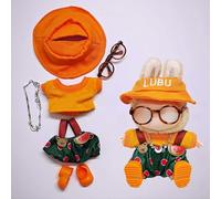 One, Two and Three Generations of Labu Clothes, Fish Bone Set, six-Piece Set, 17cm (Orange shirt + hat + overalls + shoes + necklace + glasses)
