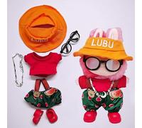 One, Two and Three Generations of Labu Clothes, Fish Bone Set, six-Piece Set, 17cm (red shirt + hat + overalls + shoes + necklace + black glasses.)