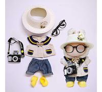 One, Two and Three Generations of Labu Clothes, Fish Bone Set, six-Piece Set, 17cm (skirt + pants + shoes + straw hat + glasses + black camera)