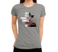 One Two Freddy's Coming for You - Iconic Horror Design with Claw Glove and Burnt Face, Perfect Halloween Motif for Slasher Fans Women's T-Shirt, gray, L