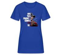 One Two Freddy's Coming for You - Iconic Horror Design with Claw Glove and Burnt Face, Perfect Halloween Motif for Slasher Fans Women's T-Shirt, blue, M