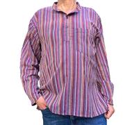 One World is Enough Striped Cotton Collarless Grandad Shirts - Indian Kurtha Shirts - 100% Soft Cotton 8 Fair Trade (UK, Alpha, XL, Regular, Regular, Purple Striped)