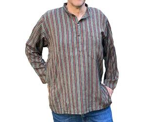 One World is Enough Striped Cotton Collarless Grandad Shirts - Indian Kurtha Shirts - 100% Soft Cotton 8 Fair Trade (UK, Alpha, L, Regular, Regular, Green/Red/Black Striped)