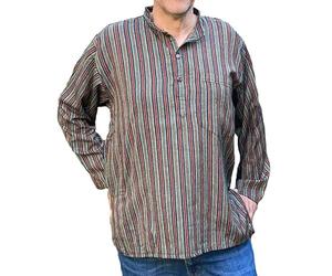 One World is Enough Striped Cotton Collarless Grandad Shirts - Indian Kurtha Shirts - 100% Soft Cotton 8 Fair Trade (UK, Alpha, M, Regular, Regular, Green/Red/Black Striped)