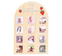 One Year of Photo Board - Strawberry 1st Birthday Decorations,Baby First Birthday Monthly Milestone Photos,One Year Wooden Photo Decor,12 Months of First Year Sign