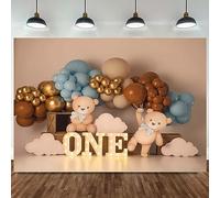One Year Old Birthday Backdrop Toys Bear Golden Balloons Children Portrait Photography Background Kids Baby Shower Cake Smash Banner Balloon Newborn Baby Boy First Birthday Party Background (5X3FT)