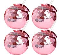 oneant 4 Pieces Disco Ball Cups Disco Flash Ball Cocktail Cup with Straw, Mirror Ball Cups Disco Party Supplies Wine Cocktail Glass Drinking Syrup Tea Bottle for Nightclub Bar Party (Pink)