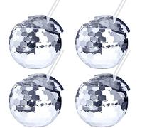 oneant 4 Pieces Disco Ball Cups Disco Flash Ball Cocktail Cup with Straw, Mirror Ball Cups Disco Party Supplies Wine Cocktail Glass Drinking Syrup Tea Bottle for Nightclub Bar Party (Silver)