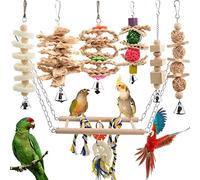 onebarleycorn Parrot Toys Budgie Toys Bird Toys Cockatiel Toys Bird Swing Toy Conure Toys Natural Wood Hanging Bell Bird Cage Toy for Budgie,Parrot,Cockatiel,Conures, Finches,Macaws,Love Birds