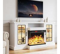 OneBlis 59'' TV Stand, 3 Sided Glass Media Entertainment Center Console Table for TVs up to 65'' with Glass Door, Adjustable Flame LED Color for Living Room, White