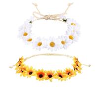 ONEBOOM 2PCS Flower Crown, Multi Color Daisy Floral Headbands for Women, Adjustable Sunflower Festival Hair Accessories for Wedding Party Beach Festival and Take Photos - White and Yellow