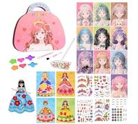 ONEBOOM 3 in 1 Princess Dress Up Game Set,Makeup Games,Paper Cosmetics,Diamond Painting Art,Travel Games,Craft Kits for Kids 4 5 6 7 8 9 10 Year Old Girl Gifts