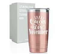 Onebttl Happy Birthday Tumbler for Women, Funny Birthday Gifts for Her, Girlfriend, Wife, Friends, Daughter, Sister, Mum, 590ml Insulated Cup with Lid, Rose Gold, Queens are Born in November