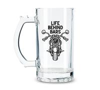 Onebttl Motorcycle Gifts for Men, Life Behind Bars, Beer Stein Mug Glass, for Motorbike Lover Biker, Beer Lovers, Heavy Traditional Beer Stein, with Bottle Opener 17oz/500ml