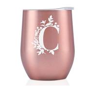 Onebttl Personalised Tumblers with Lids for Women, Monogrammed Coffee Cup with Initial C, Gifts for Her, Girls, Friends, Mum, Bridesmaids, Sisters, Rose Gold