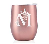 Onebttl Personalised Tumblers with Lids for Women, Monogrammed Coffee Cup with Initial M, Gifts for Her, Girls, Friends, Mum, Bridesmaids, Sisters, Rose Gold