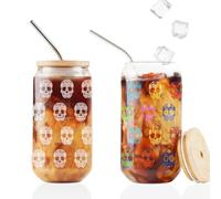 Onebttl Sugar Skull Gifts on Day of the Dead, Cold Temperature Change Glass Cup with Bamboo Lids and Glass Straw, 16oz Skull Printed Beer Can Glasses