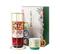 ONECCI Floral Stackable Ceramic Coffee Mugs - Set of 4 with Stand, 12.5 oz Multi-Color Porcelain Cups for Latte, Cappuccino, Tea, Hot Cocoa - Dishwasher & Microwave Safe (Floral)