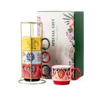 ONECCI Floral Stackable Ceramic Coffee Mugs - Set of 4 with Stand, 12.5 oz Multi-Color Porcelain Cups for Latte, Cappuccino, Tea, Hot Cocoa - Dishwasher & Microwave Safe (Pastoral)