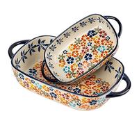 ONECCI Retro pastoral style Ceramic Baking Dish Rectangular Bakeware Set Baking Pan, 2-piece Hand-painted Porcelain Baking pan with handle, Casserole Dish for Oven/Cooking/Kitchen (Colorful Flower)