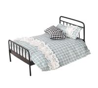 OneColonTwelve Miniature Bed Wrought Iron Frame, Bedding Set Included Vintage Dollhouse Furniture Detailed Role Play Accessories | for Girls, Teens
