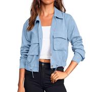 Onedreamer Women's Military Safari Cropped Jackets Button Down Lightweight Oversized Utility Anorak Coat with Pockets, Light Blue, S
