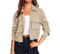 Onedreamer Women's Military Safari Cropped Jackets Button Down Lightweight Oversized Utility Anorak Coat with Pockets, Beige, S