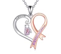 ONEFINITY Breast Cancer Necklace Sterling Silver Pink Ribbon Boxing Glove Fight Pendant Necklace Cancer Awareness Heart Jewellery Gifts for Women Mum