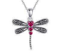 ONEFINITY Dragonfly Necklace 925 Sterling Silver Heart Birthstone Pendant Cute Dragonfly Jewelry Gift for Women Lovers (07-Jul-Ruby)