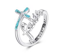 ONEFINITY Faith Cross Rings Adjustable 925 Sterling Silver Turquoise Faith Over Fear Cross Rings Christian Religious Jewelry Gifts For Women Men