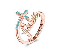 ONEFINITY Faith Cross Rings Adjustable Sterling Silver Turquoise Faith Over Fear Cross Rings Christian Religious Jewelry Gifts For Women Men Rose Gold