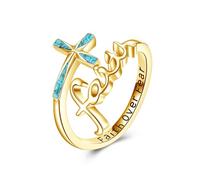 ONEFINITY Faith Cross Rings Adjustable Sterling Silver Turquoise Faith Over Fear Cross Rings Christian Religious Jewelry Gifts For Women Men Gold