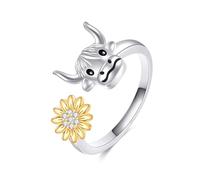 ONEFINITY Highland Cow Ring for Women 925 Sterling Silver Sunflower Ring Highland Cow Adjustable Western Jewellery Gift for Wife