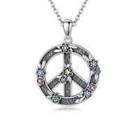 ONEFINITY Peace Sign Pendant Necklace 925 Sterling Silver Vintage Flower Peace Sign Pendant Necklace Peace Symbol Jewellry Gifts For Women Grils