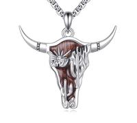 ONEFINITY Western Necklace 925 Sterling Silver Wooden Cow Head Skull Pendant Necklace Cowgirl Country Jewellery for Men Women