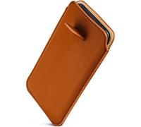 OneFlow Slim slip-on sleeve with retraction function compatible with iPhone 12 mini | Premium Microfibre inner lining + robust pull tab, Saddle-Brown