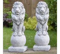 Onefold - PAIR OF SITTING LIONS Lion Garden Ornaments Outdoor Hand Cast Stone Garden Ornament Statue Sculpture Home Patio Conservatory Decor Set of 2
