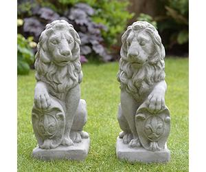 ONEFOLD - Stone Lion Lions With Shields Pair Hand Cast Garden Ornaments Outdoor Statue Sculpture Home Decor Singh Set of 2