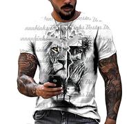 oneforus Men's Lion Graphic Print T-Shirt Summer Personality Fashion Short Sleeve T-Shirt White