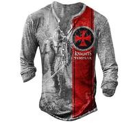 oneforus Men's Long Sleeve 3D Printed Knights Templar Henley T-Shirt Vintage Oversized Distressed Tops