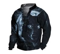 oneforus Men's Retro Stand Collar Button T Shirt Wolf Printed Long Sleeve Sweatshirt Distressed Henley Shirt Motorcycle Biker Pullover Top Blue