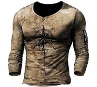 oneforus Men's V-Neck Compass Printed Long Sleeve T-Shirt Retro Biker Distressed T-Shirt Pullover Tops Khaki